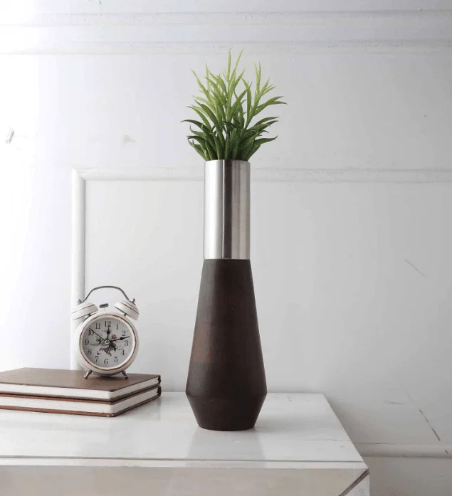 handmade wooden flower jar for decor -Tall Deidra Vase Metal Matt Silver & Black Wood,