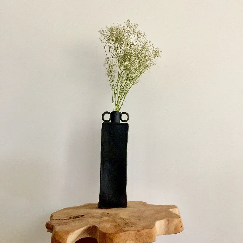 large wooden flower vase with unique design -Tall vase with ears in Flat Black