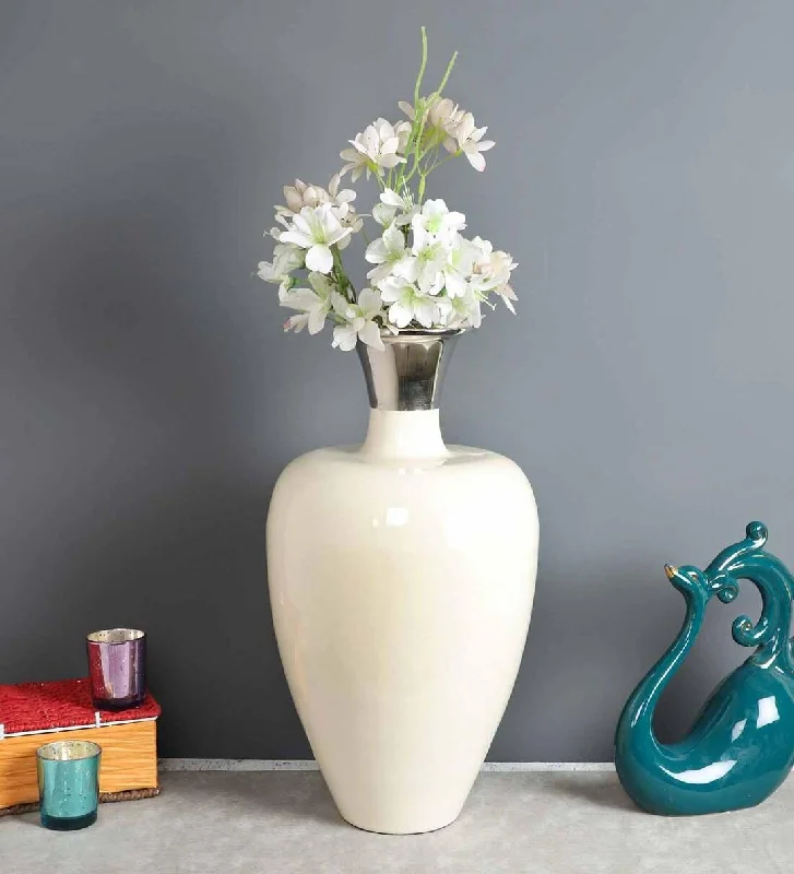 handmade flower vase for centerpiece display -Urn Deidra Fawn White & Brass Vase Finger Painted Enamel,