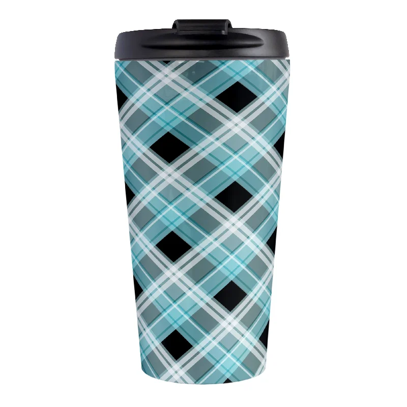 custom coffee mugs for work events -Alternative Turquoise Plaid Travel Mug