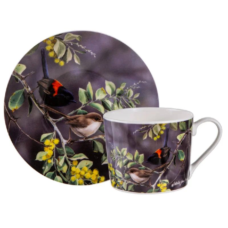 personalized glass tea mugs -Ashdene Australian Wren Wattle Dance Cup and Saucer