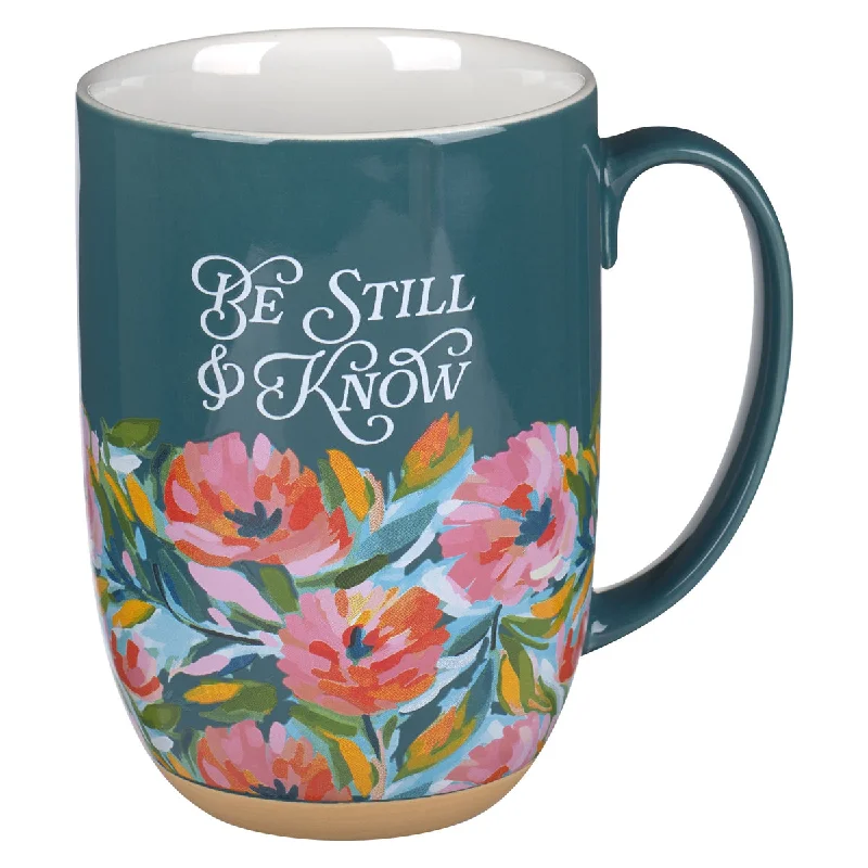 travel coffee cups for tea -Be Still & Know Floral Teal Green Ceramic Mug