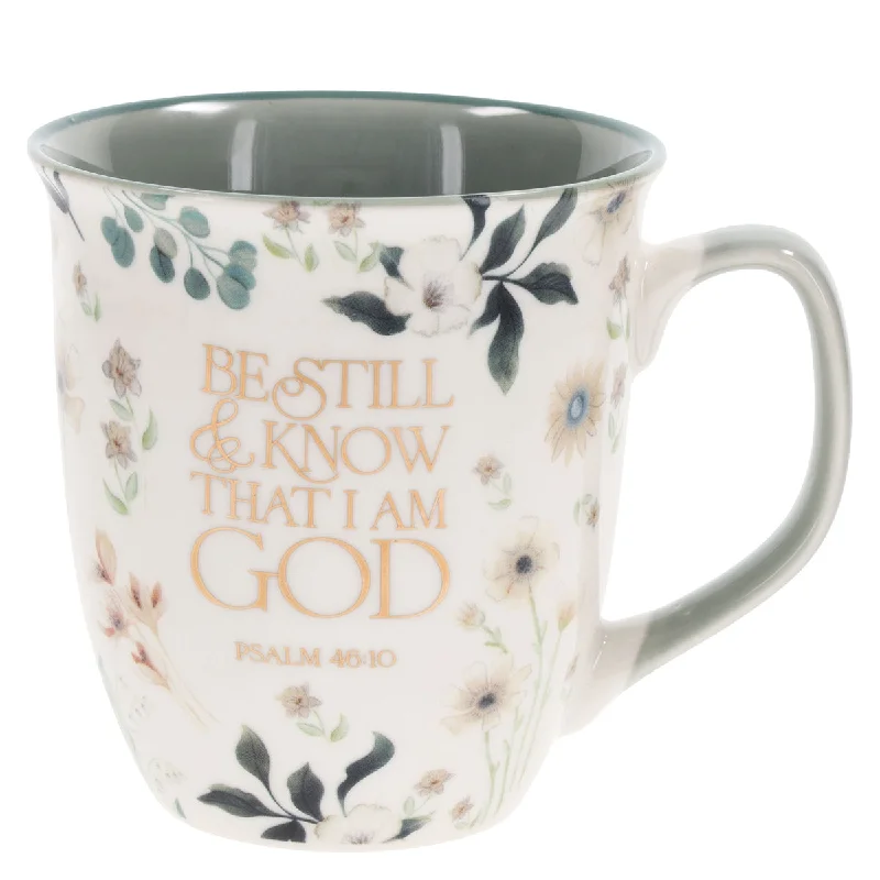 ceramic coffee mugs with fun designs -Be Still & Know that I Am God Ceramic Mug with Green Interior