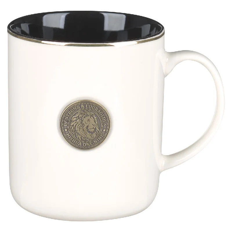 stylish travel mugs for men -Be Strong and Courageous with Lion Coin and Black Interior Ceramic Mug