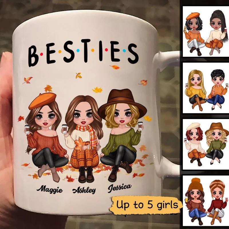 travel mugs with photos for gifts -Best Friends Doll Girls Besties Fall Season Personalized Mug