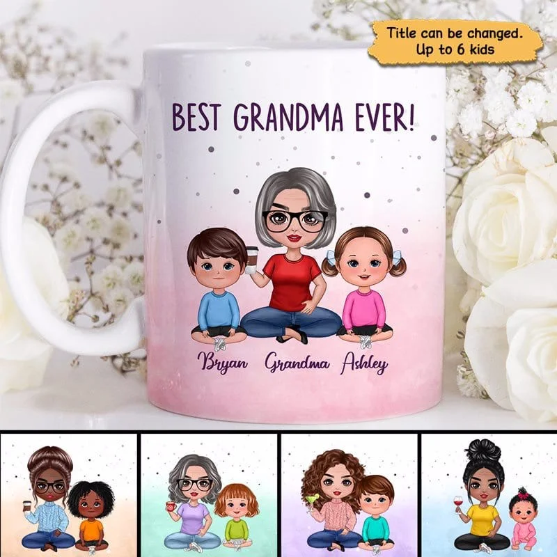 creative coffee mugs with names -Best Grandma Ever Doll Grandma & Kid Watercolor Personalized Mug