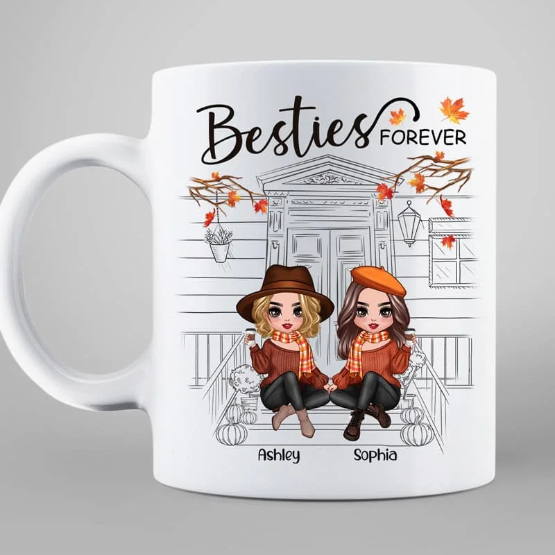 luxury travel mugs with custom prints -Besties Sisters Fall Season Front Porch Sketch Personalized Mug