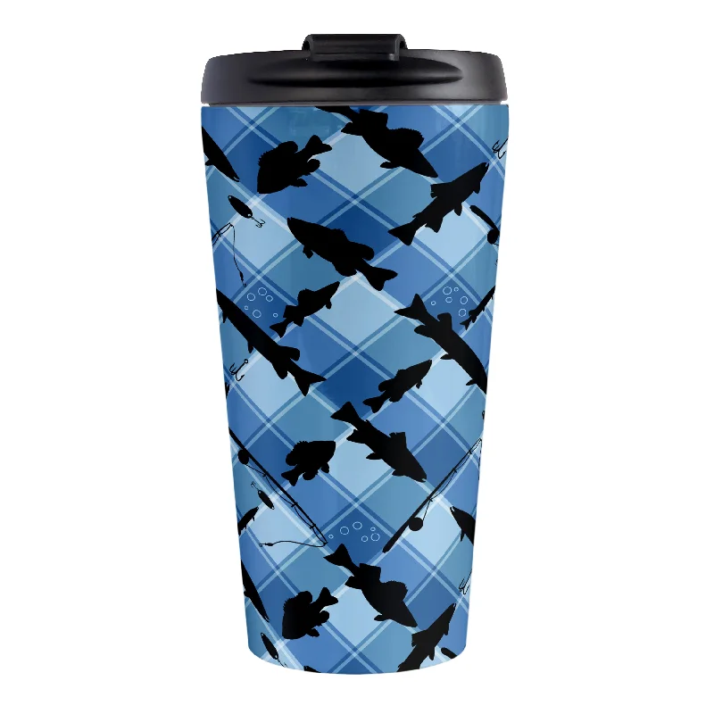 custom coffee mugs for birthday gifts -Blue Fishing Plaid Pattern Travel Mug