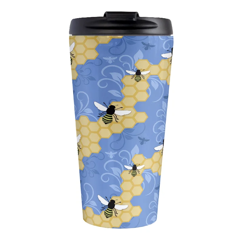 stainless steel coffee tumblers with photo -Blue Honeycomb Bee Travel Mug