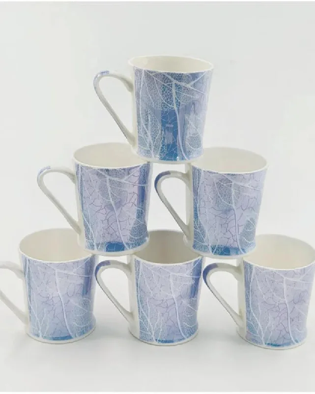 insulated custom coffee cups for travel -Blue Leaf Bone China Coffee Mugs | 175 ml | Set of 6