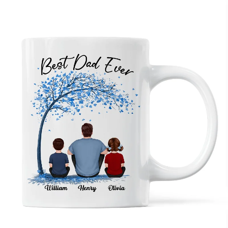 unique personalized coffee cups for gifts -Blue Tree Best Dad Ever Back View Man Sitting With Kids Dogs Cats Father‘s Day Gift Personalized Mug