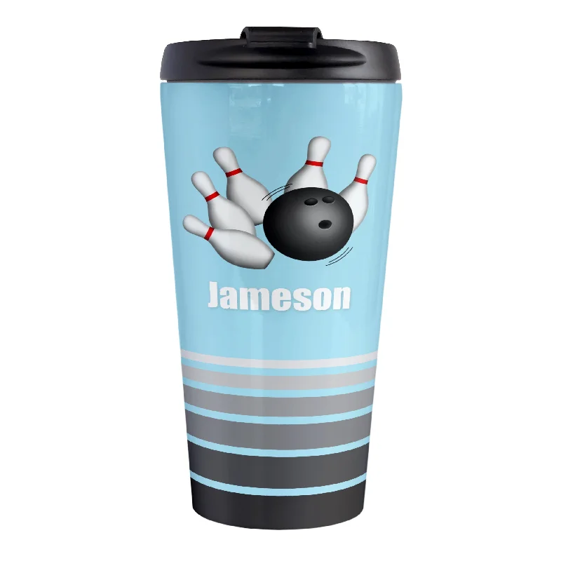 coffee mugs with lid for travel -Personalized Bowling Ball and Pins Blue - Bowling Travel Mug