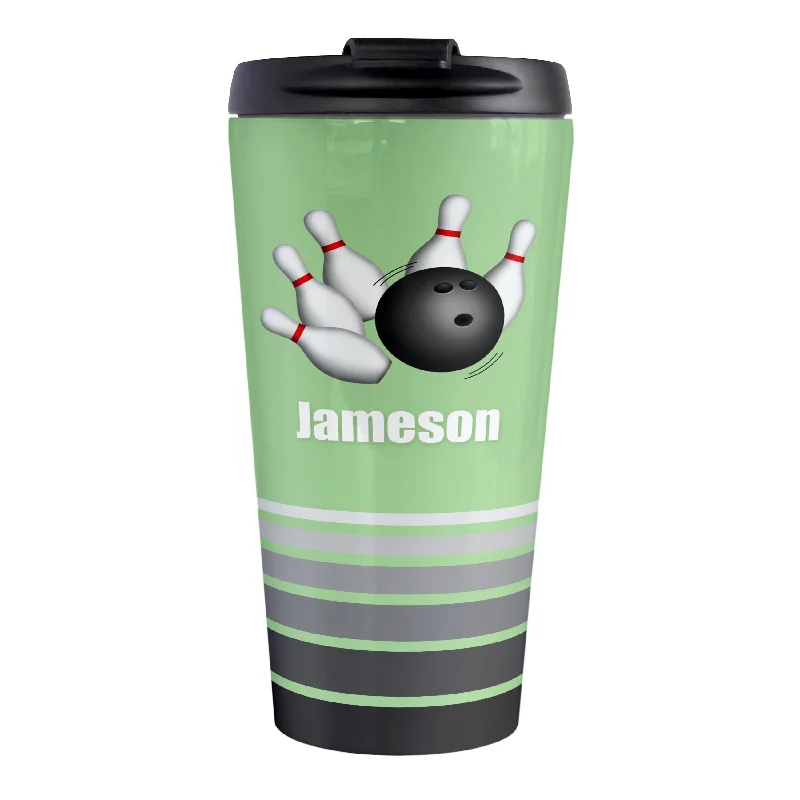 reusable coffee cups with logo -Personalized Bowling Ball and Pins Green - Bowling Travel Mug