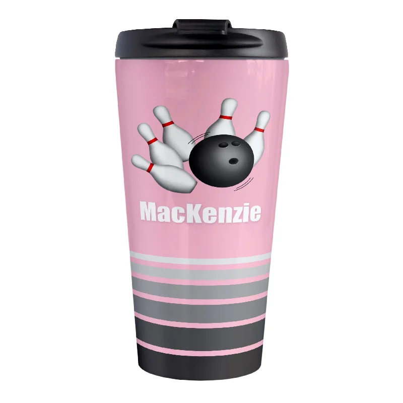 best insulated tea mugs -Personalized Bowling Ball and Pins Pink - Bowling Travel Mug