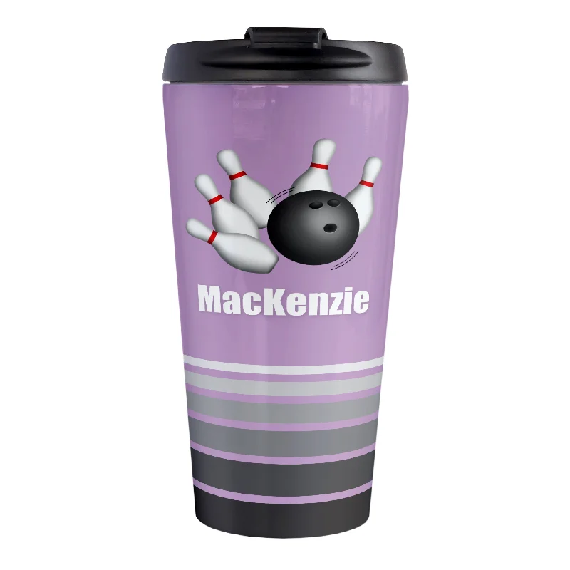 personalized large coffee cups -Personalized Bowling Ball and Pins Purple - Bowling Travel Mug