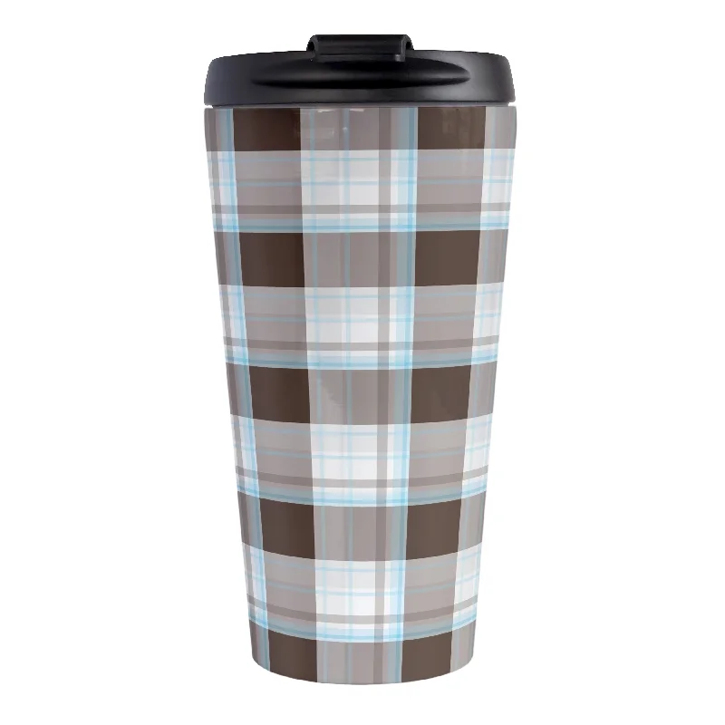 coffee tumblers with names for gifts -Brown Blue Plaid Travel Mug