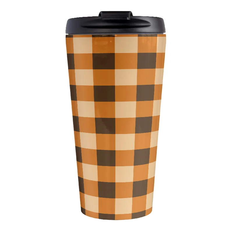 personalized ceramic coffee mugs for office -Brown and Orange Fall Buffalo Plaid Travel Mug