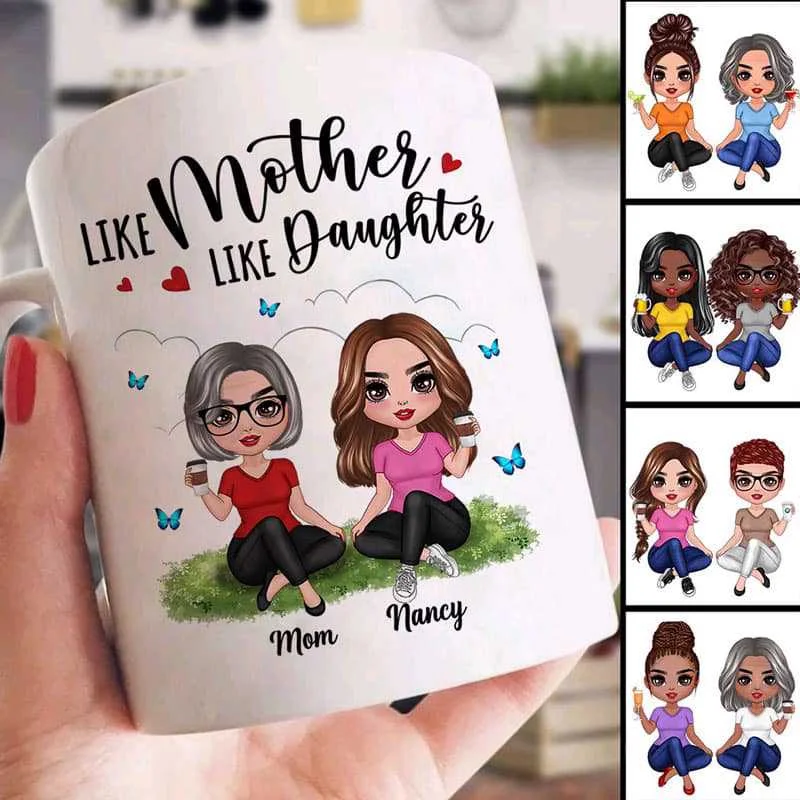 trendy coffee mugs for work -Butterflies Doll Mom Daughters Sitting Like Mother Like Daughter Personalized Mug