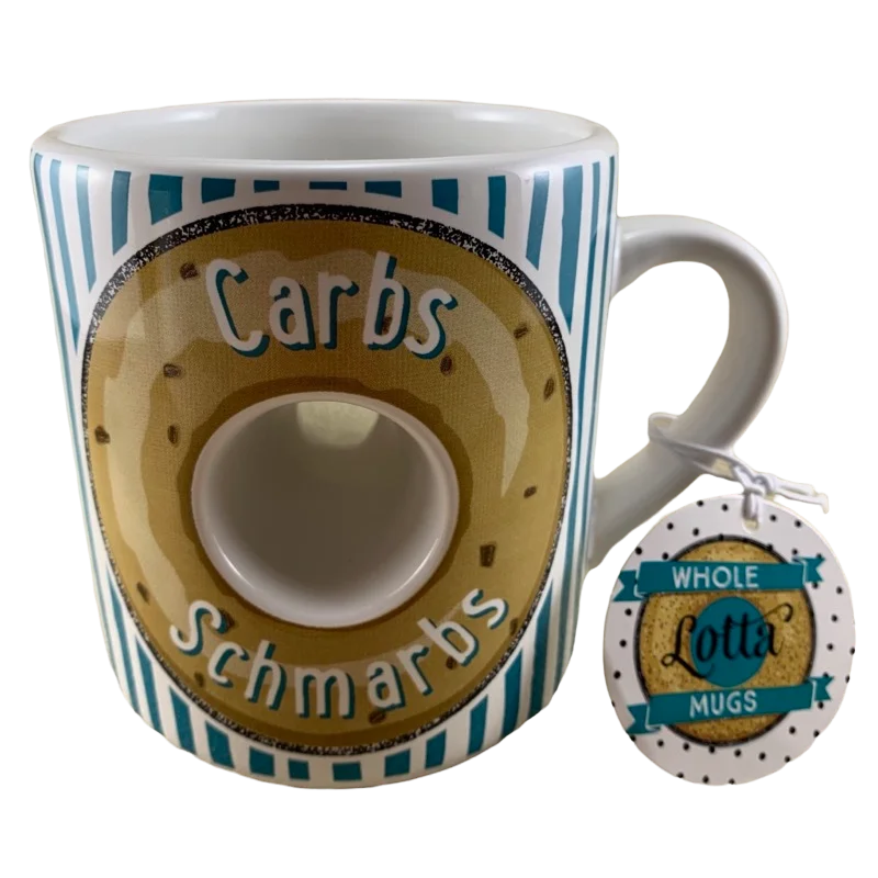 insulated travel mugs with handle and straw -Carbs Schmarbs Bagel Whole Lotta Mugs Papel Giftware