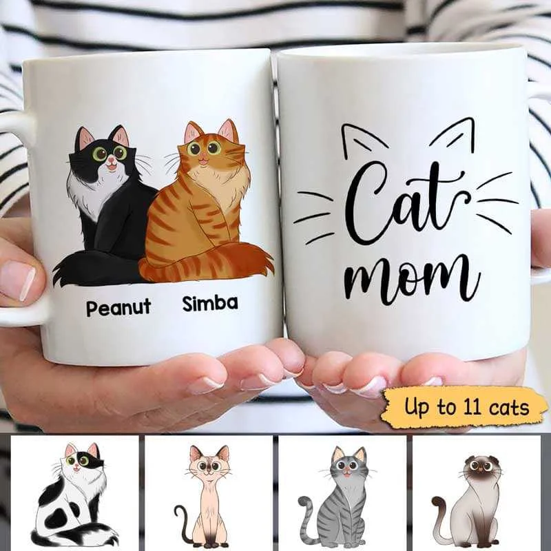 travel mugs for daily use -Cat Mom Dad Sitting Cat Cartoon Personalized Coffee Mug