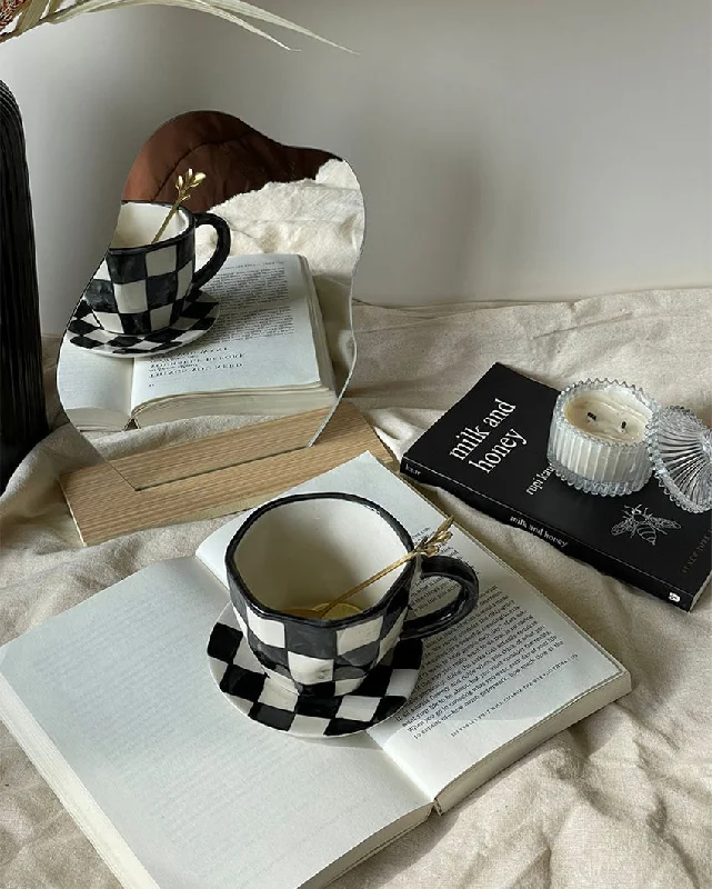 custom coffee cups with names and pictures -Checkered Design Ceramic Cup & Saucer