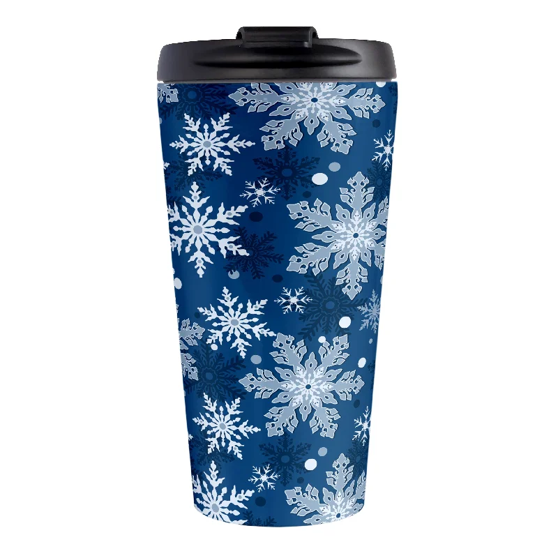 coffee cups with inspirational quotes for work -Classic Blue Snowflake Pattern Winter Travel Mug