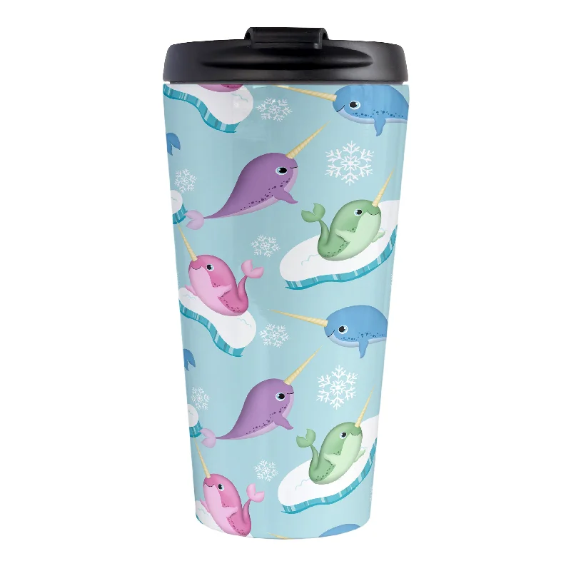 luxury travel mugs with custom prints -Colorful Arctic Narwhal Pattern Travel Mug