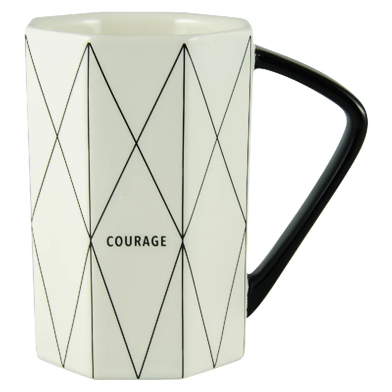 insulated travel mugs with handle and straw -Courage Geometrical White And Black Ceramic Mug - Joshua 1:9