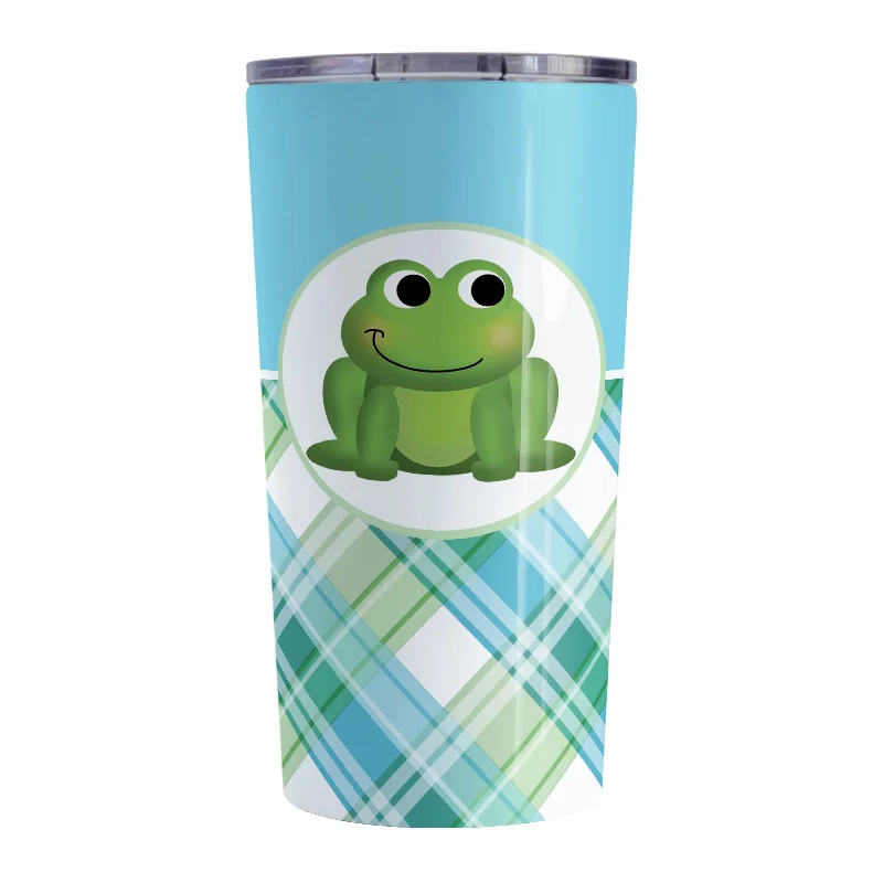 eco friendly coffee cups for work -Cute Frog Green and Blue Plaid Tumbler Cup