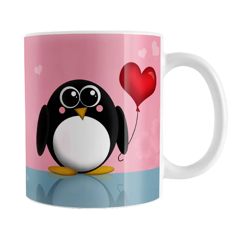 insulated travel mugs with handle and straw -Cute Penguin Heart Balloon Mug