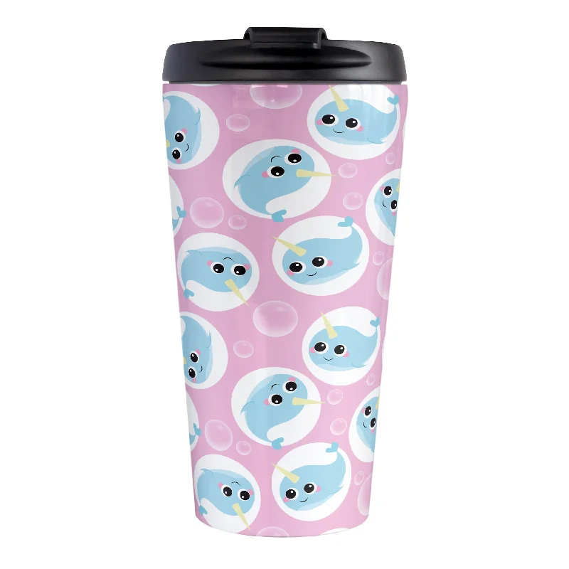 personalized ceramic mugs for family gifts -Cute Pink Narwhal Bubble Pattern Travel Mug