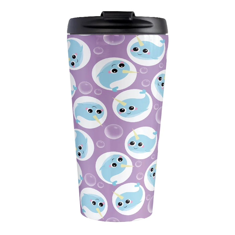 custom personalized coffee tumblers -Cute Purple Narwhal Bubble Pattern Travel Mug