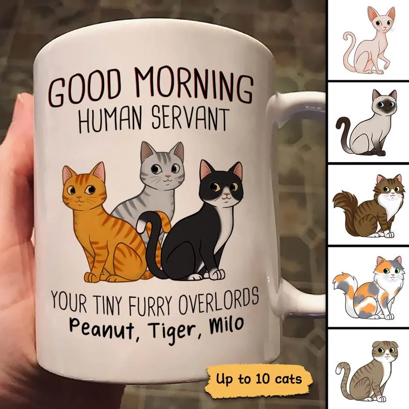 custom made coffee tumblers -Cute Sitting Cats Good Morning Human Servant Personalized Mug