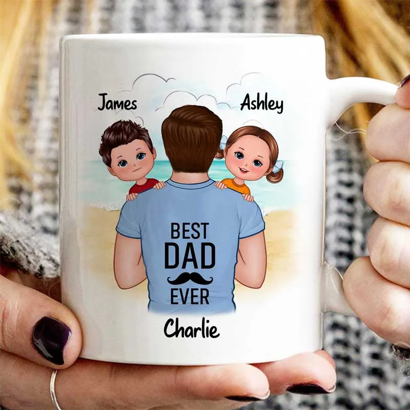 personalized glass tea mugs -Dad Carrying Kids On Shoulder Best Dad Ever Beach Landscape Father's Day Gift For Daddy Personalized Mug