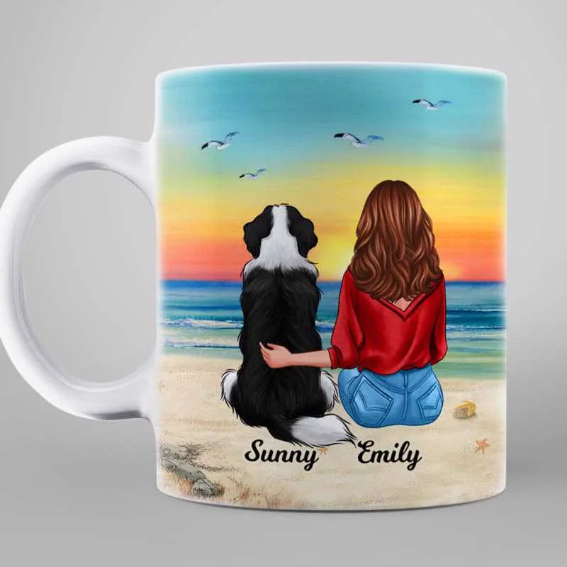 personalized photo travel mugs -Dogs Sitting At The Beach Personalized Mug