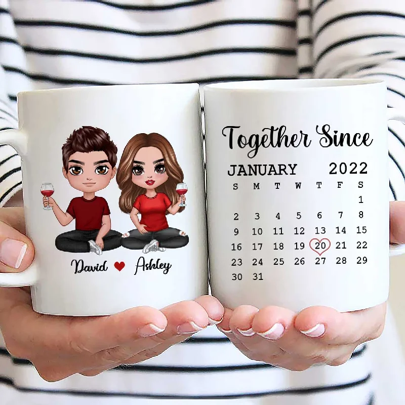 personalized coffee mugs with design -Doll Couple Sitting Anniversary Date Calendar Personalized Mug - Gift For Couple - Gift For Him - Gift For Her