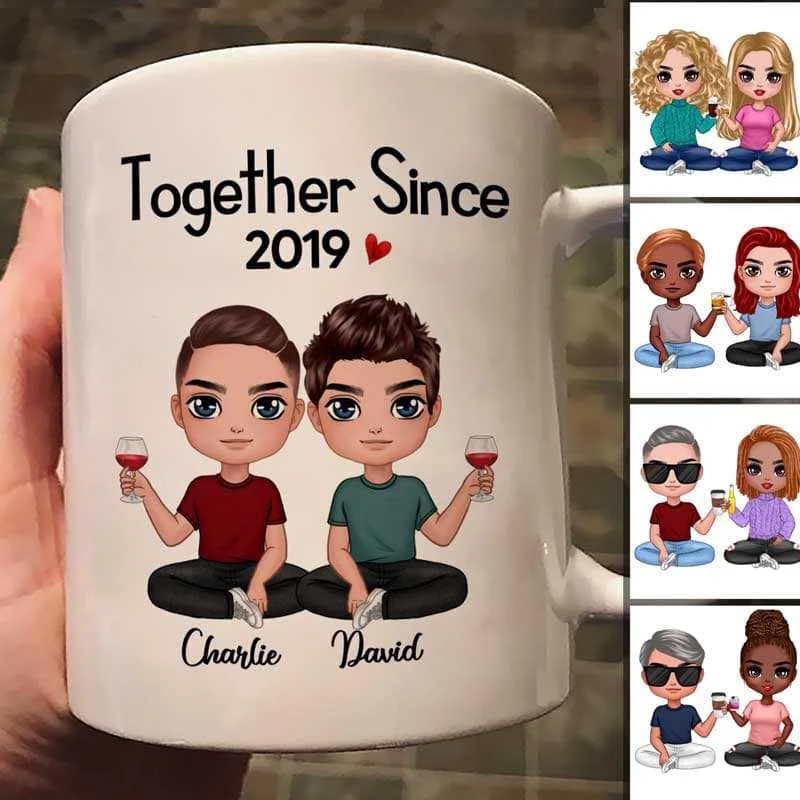 cute travel mugs for women -Doll Couple Sitting Anniversary Gift Personalized Mug