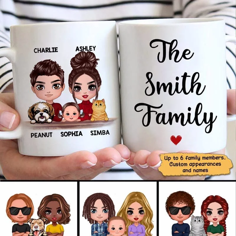 personalized travel mugs for couples -Doll Family Couple Husband Wife Kids Dog Cat Personalized Mug