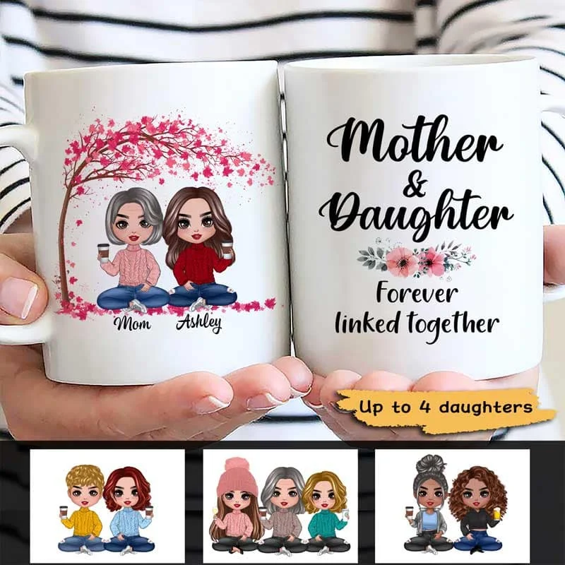 custom coffee cups with name for gifts -Doll Women Gift For Mother Mom And Daughters Sitting Under Tree Personalized Mug