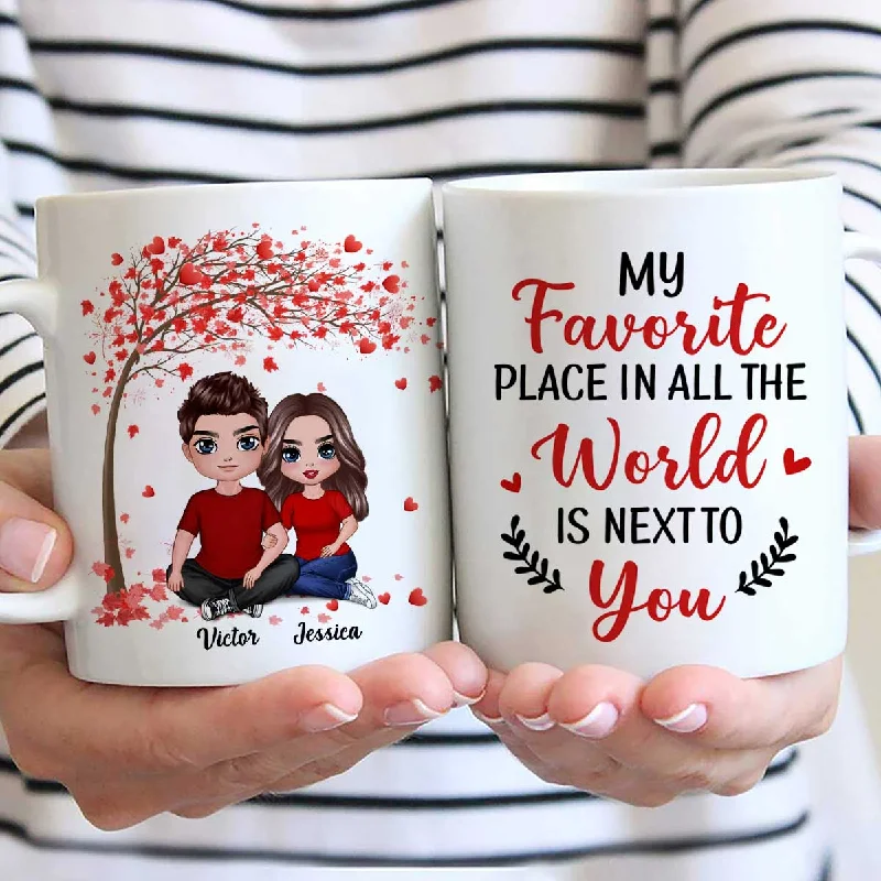 coffee mugs for kids with names -Embracing Couple Sitting Under Red Tree Personalized Mug