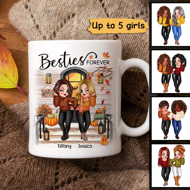 custom ceramic mugs for tea lovers -Fall Season Pretty Standing Best Friends Sisters Front Porch Personalized Mug (11oz)