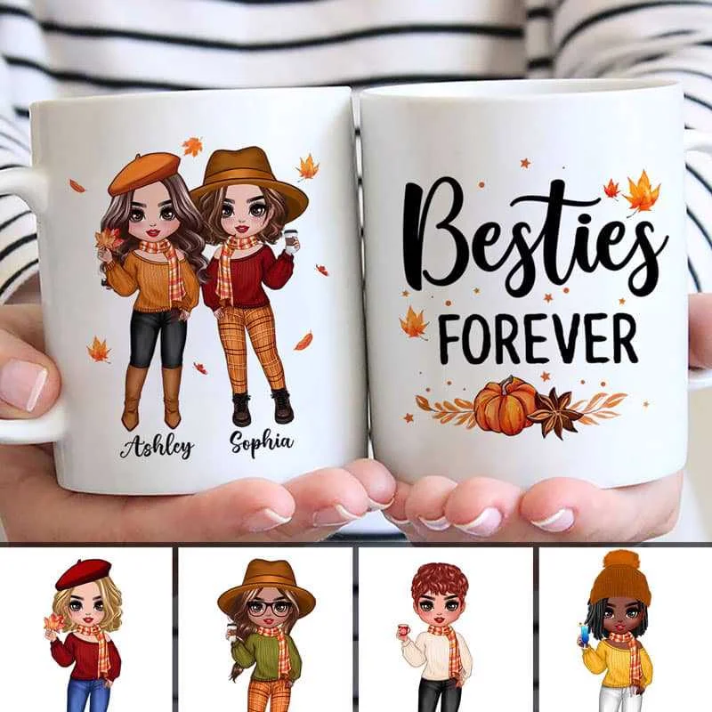 custom coffee cups for wedding gifts -Fall Season Doll Besties Best Friends Standing Personalized Mug (11oz)