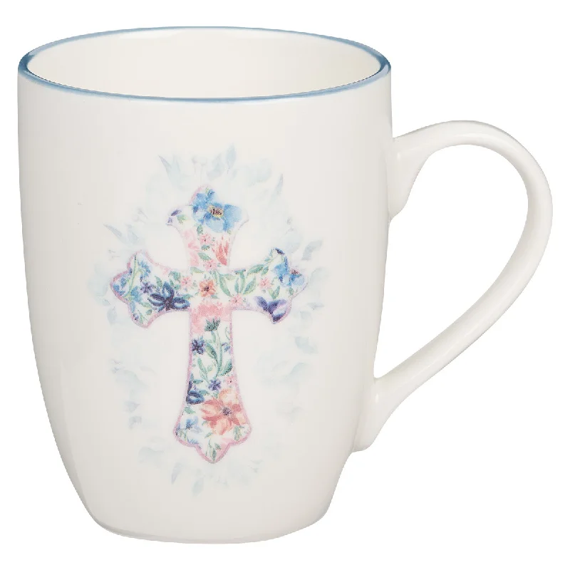 funny custom coffee cups for family gifts -Floral Cross Blue Rimmed Ceramic Mug