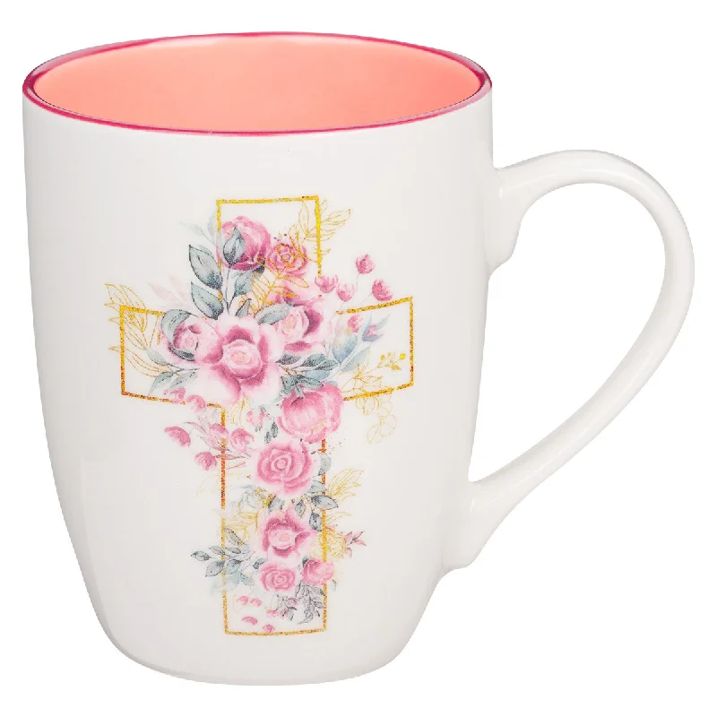 custom coffee tumblers for work events -Floral Cross Ceramic Mug With Pink Rim & Interior