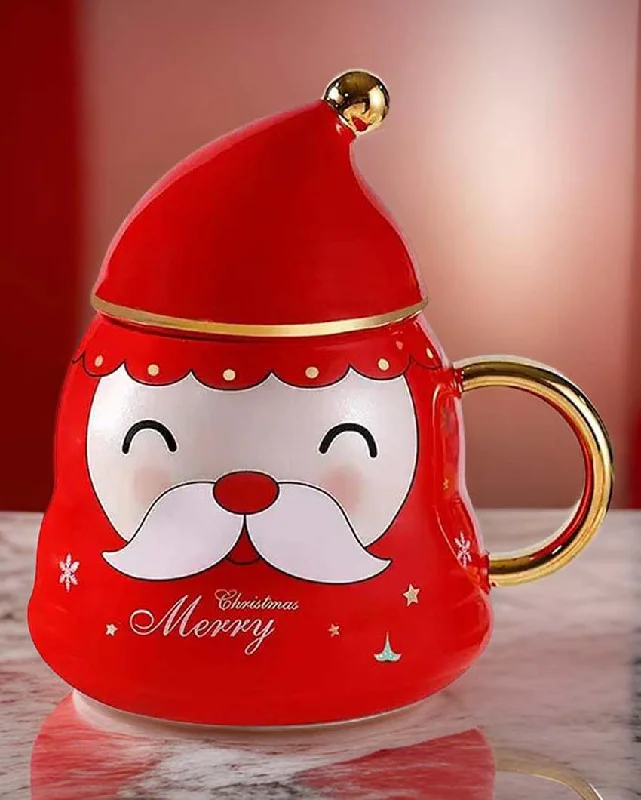 travel coffee mugs with designs -Fun Red Santa Face Ceramic Mug with Cap Lid and Spoon | 330 ML | 7 x 9 inches