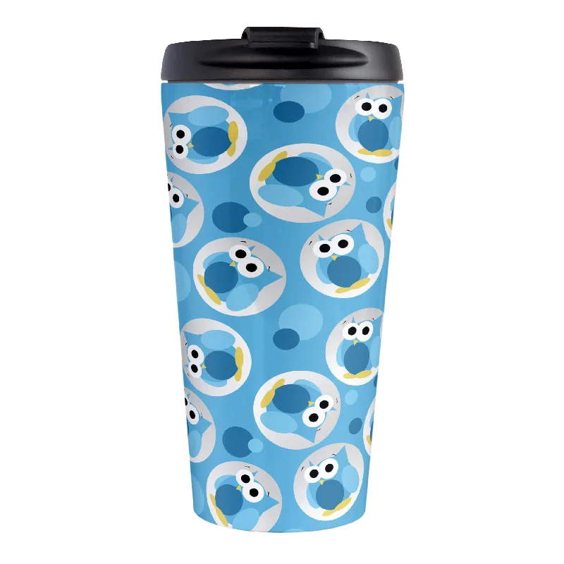 travel mugs with personalized name -Funny Cute Blue Owl Pattern Travel Mug