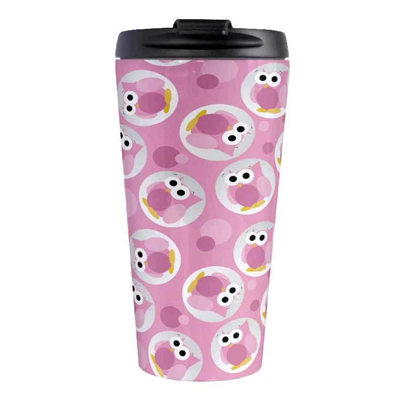 insulated tea cups for work -Funny Cute Pink Owl Pattern Travel Mug