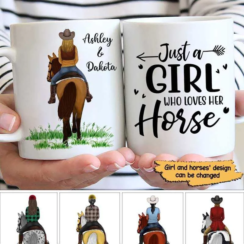 custom tea mugs for work -Girl Loves Horse Back View Personalized Coffee Mug