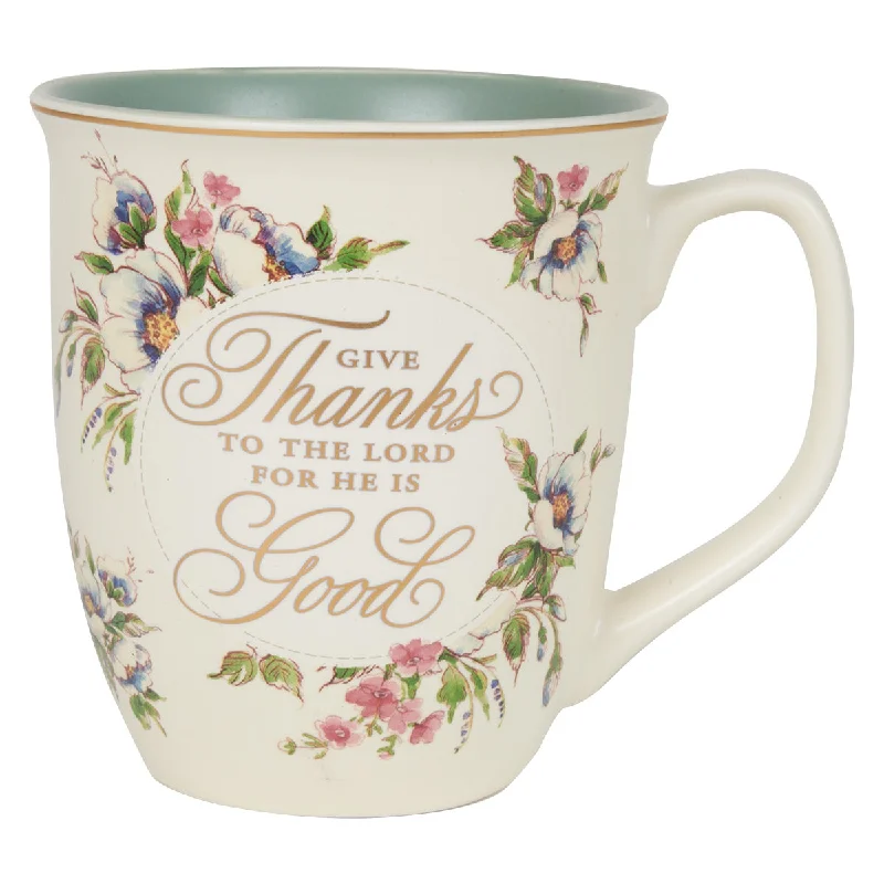 coffee cups with inspirational quotes for work -Give Thanks To The Lord Olive Interior Ceramic Mug - Psalms 107:1