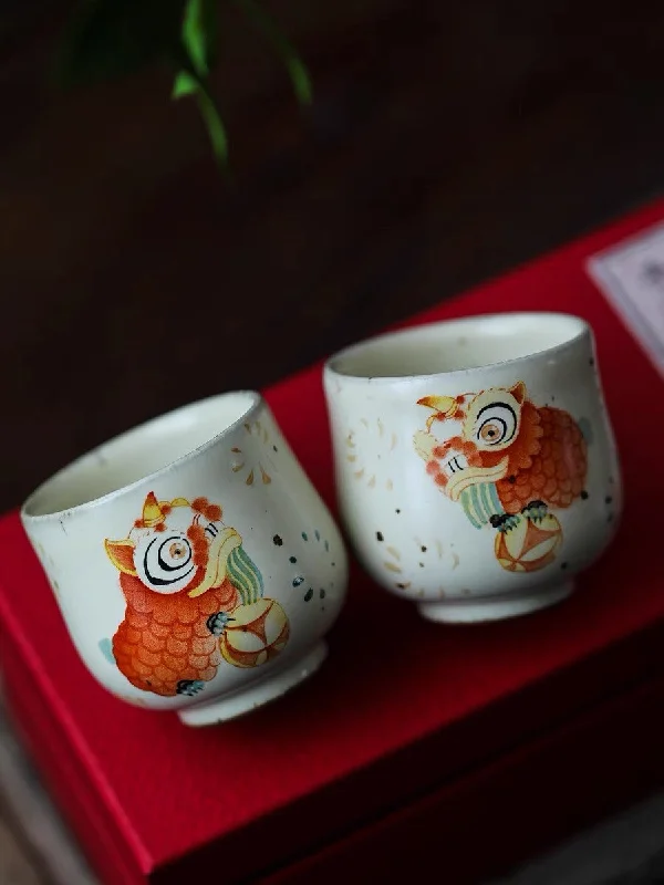 insulated coffee cups with straw -Gohobi Hand-painted Tall Dance Lion Tea Cup